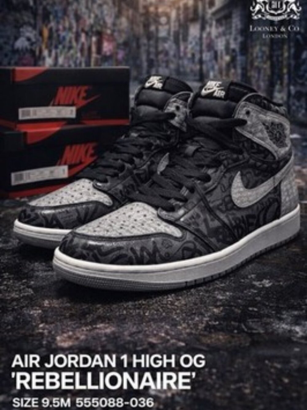 Nike Air Jordan 1 High OG Rebellionaire 555088-036 Black Grey Graffiti Size 9.5M